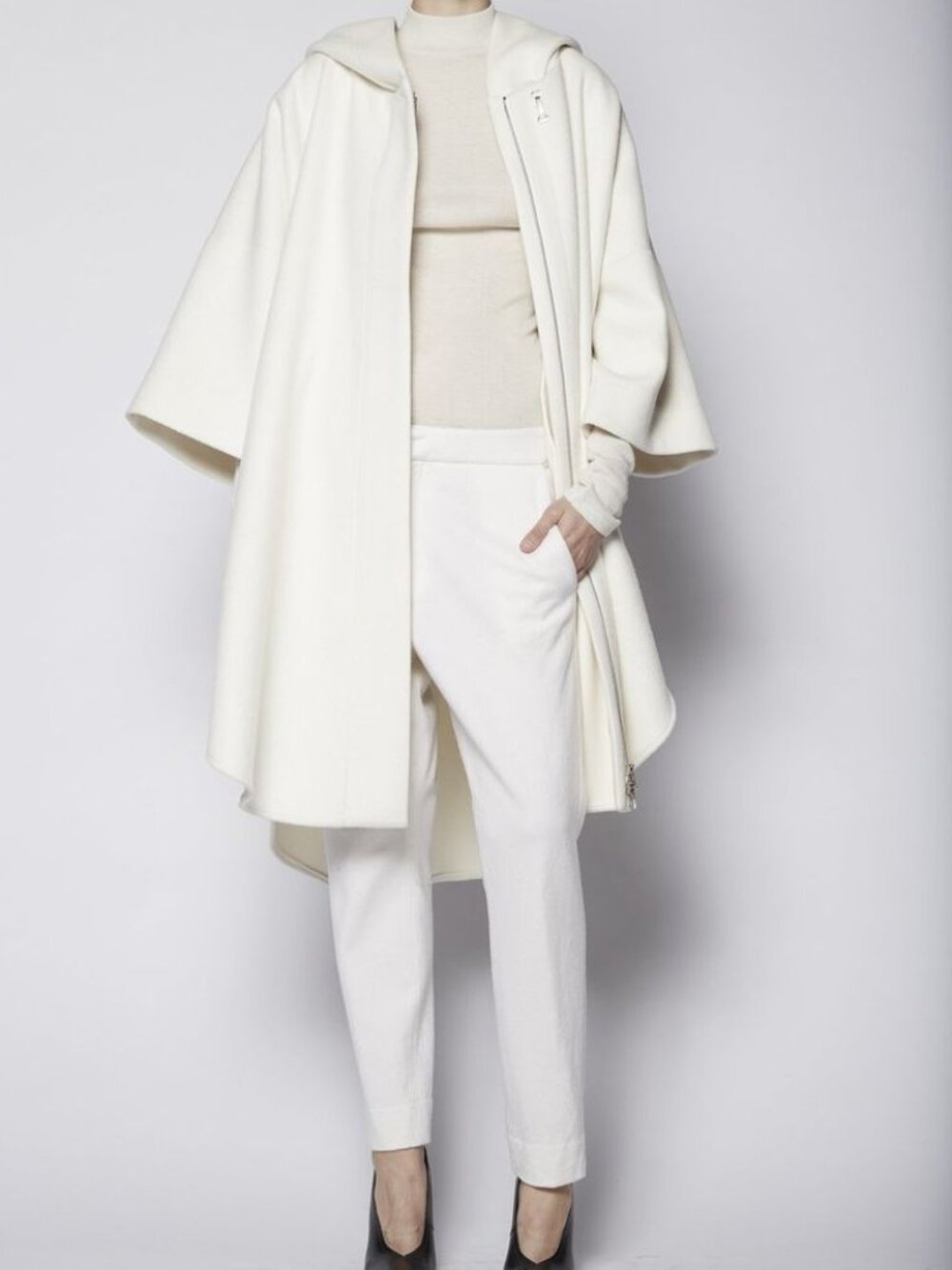 KES wool hooded cape coat zip front natural ecru cream 3/4 sleeves Small $875